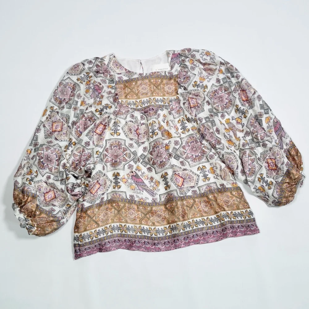 Anthropology Silk Blouse S White Purple Tan Orange Bohemian Floral Puff sleeve